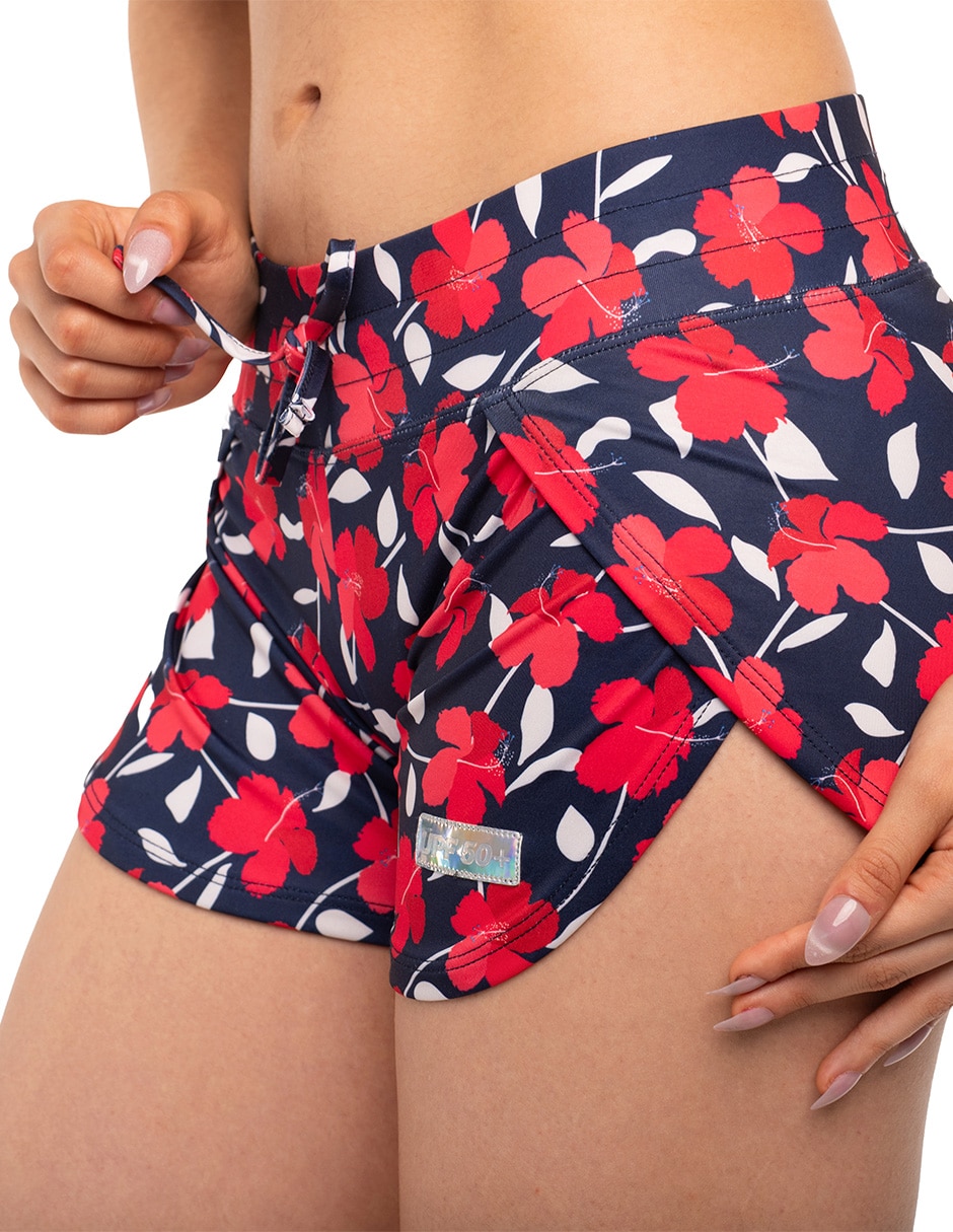 Shorty bikini sunskin estampado floral a la pretina ancha para mujer