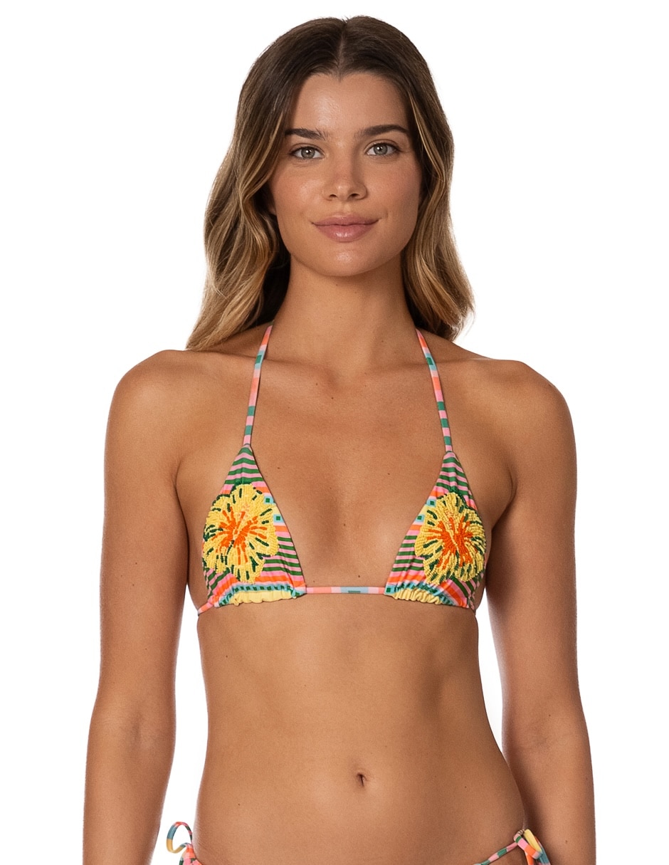 Top bikini estampado a rayas con copas removibles para mujer Top bikini estampado a rayas con copas removibles para mujer