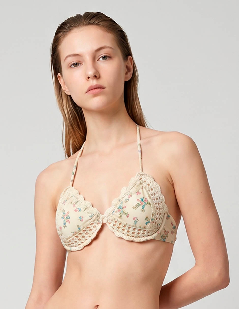 Top bikini estampado floral con copa triangular para mujer Top bikini estampado floral con copa triangular para mujer