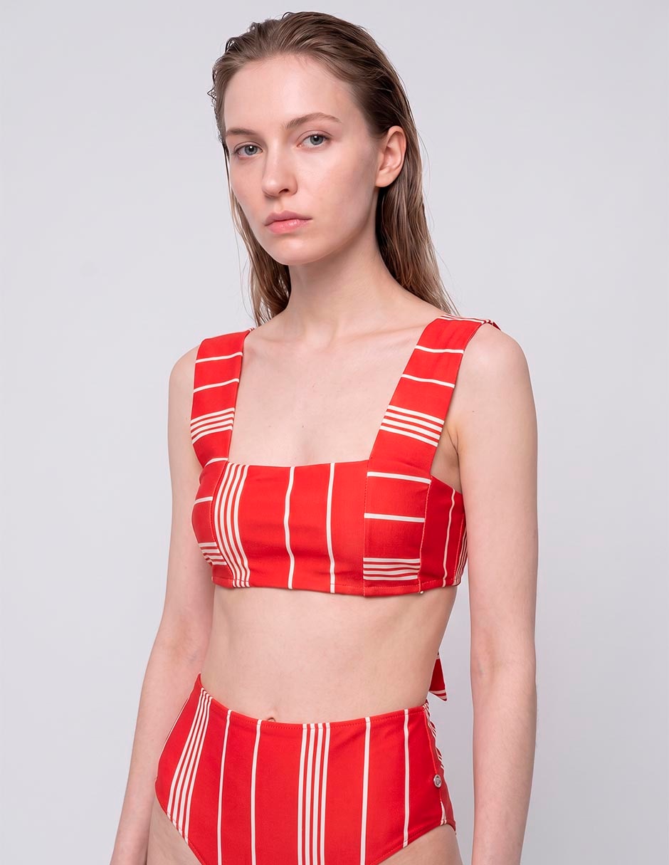 Bikini estampado a rayas cintura alta para mujer 2